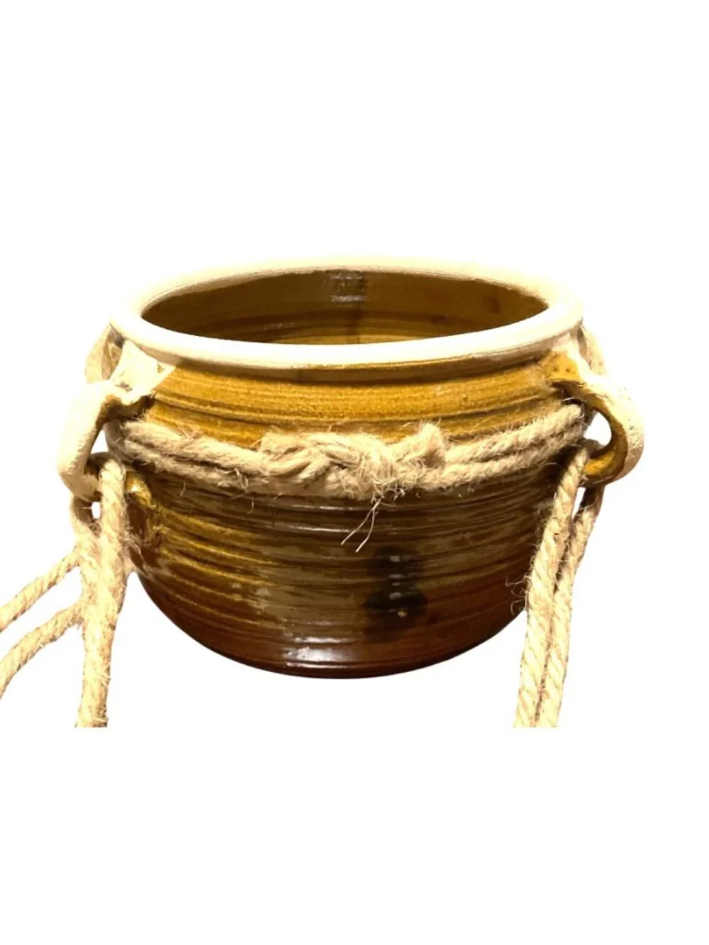 Studio Pottery Ceramic Hanging Planter Rope Accents For Indoor/Outdoor Plants